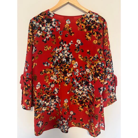 Lafayette 148 Sela Floral Print Silk Blouse 3/4 Sleeve Red Black White XL - Picture 2 of 7